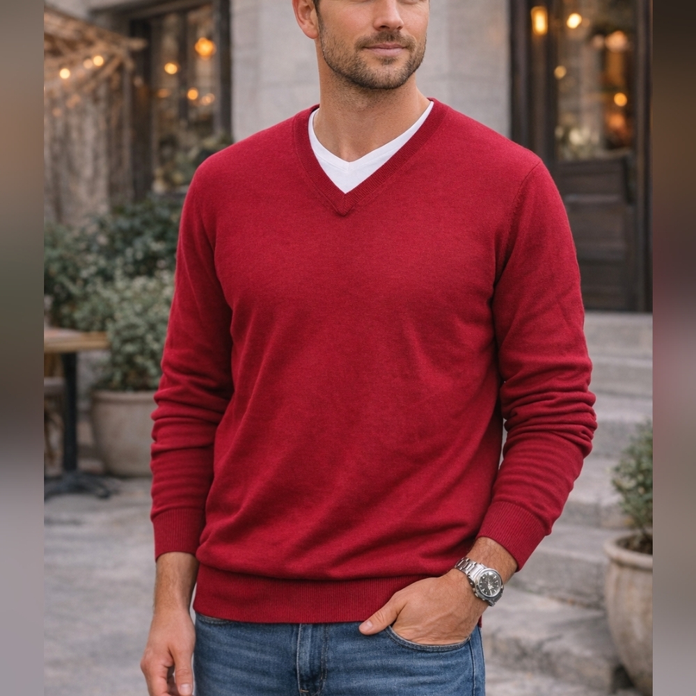 Joseph Abboud Merino Wool Blend V-Neck Sweater Red Size XL Lightweight Knit